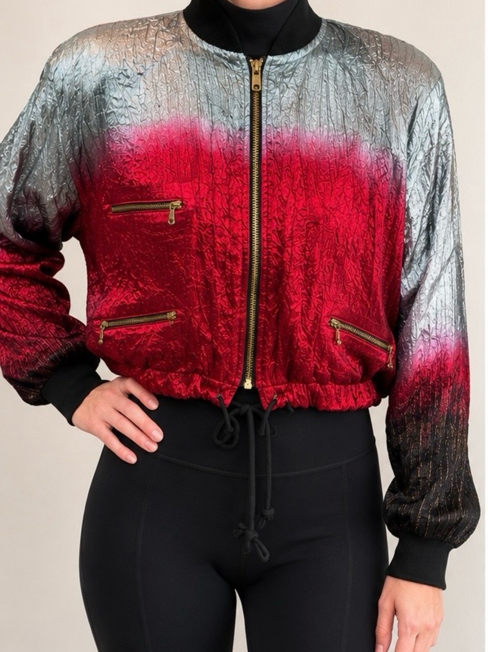 TRUE VINTAGE 80's 90's Metallic Ombré Cropped Bomber Jacket Sculptural Crinkle